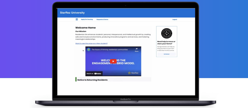 StarRez University student housing portal displayed on a MacBook Pro, showing a Storage Scholars widget in the sidebar offering move and storage help